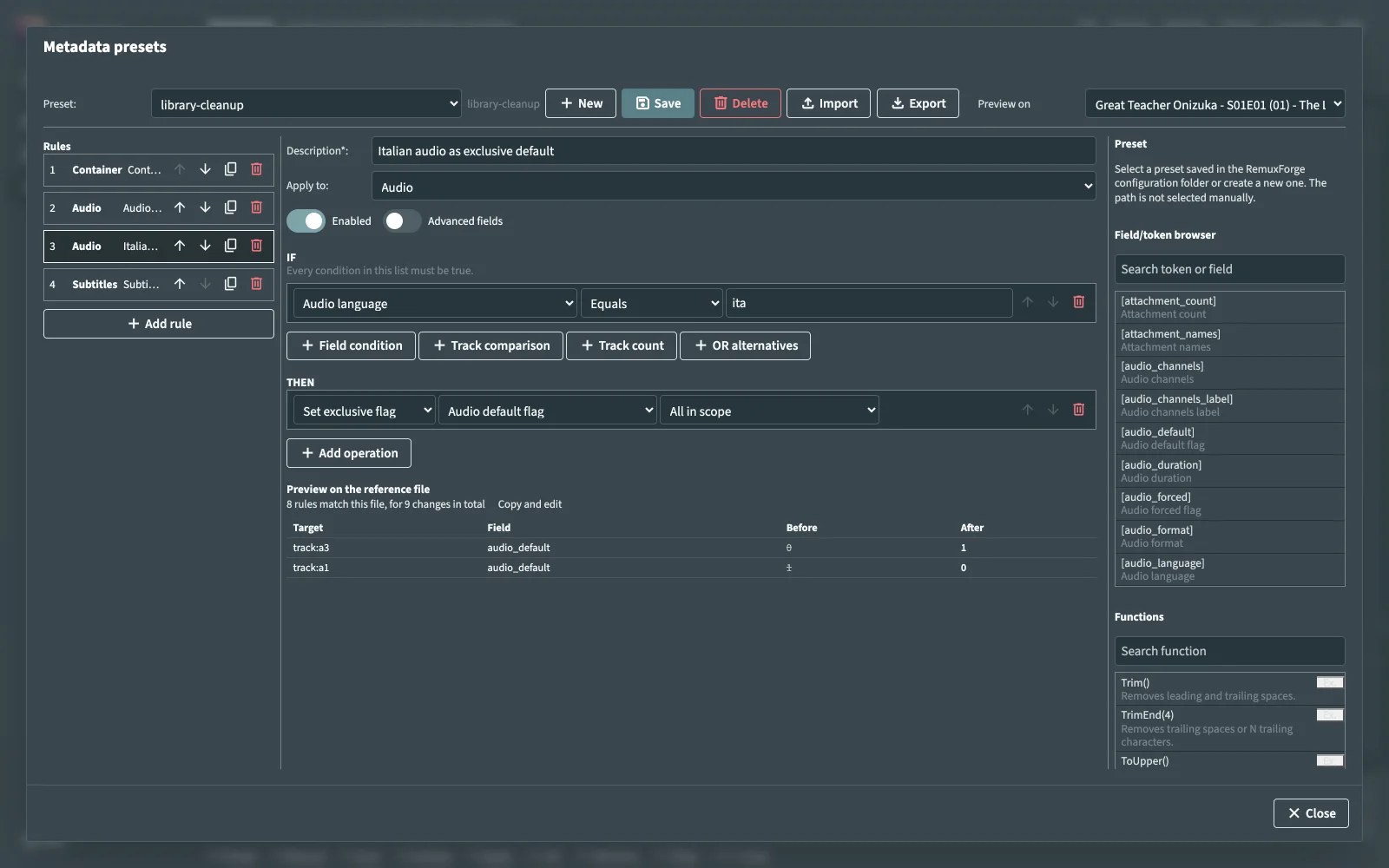 Metadata preset editor with rule list, condition, operation and change preview